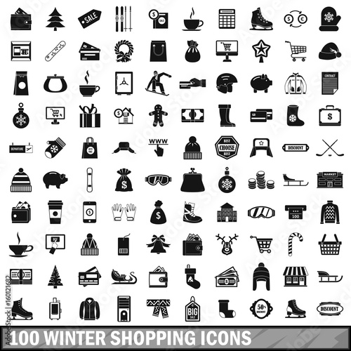 100 winter shopping icons set, simple style 