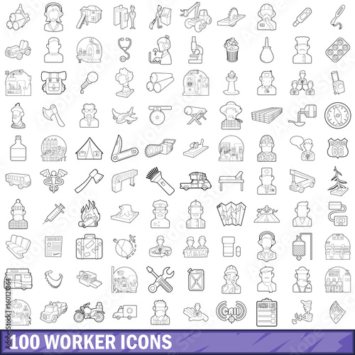 100 worker icons set, outline style