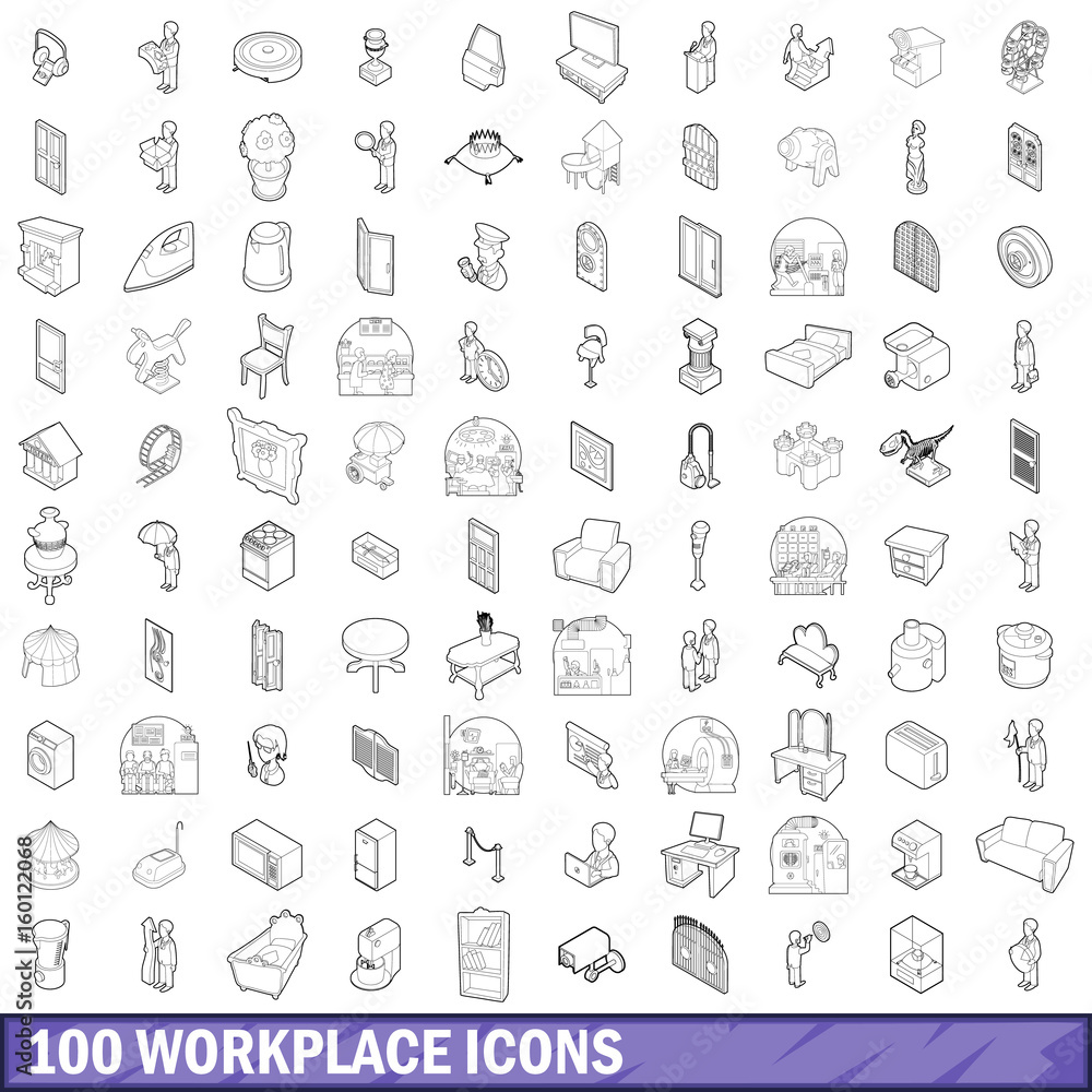100 workplace icons set, outline style