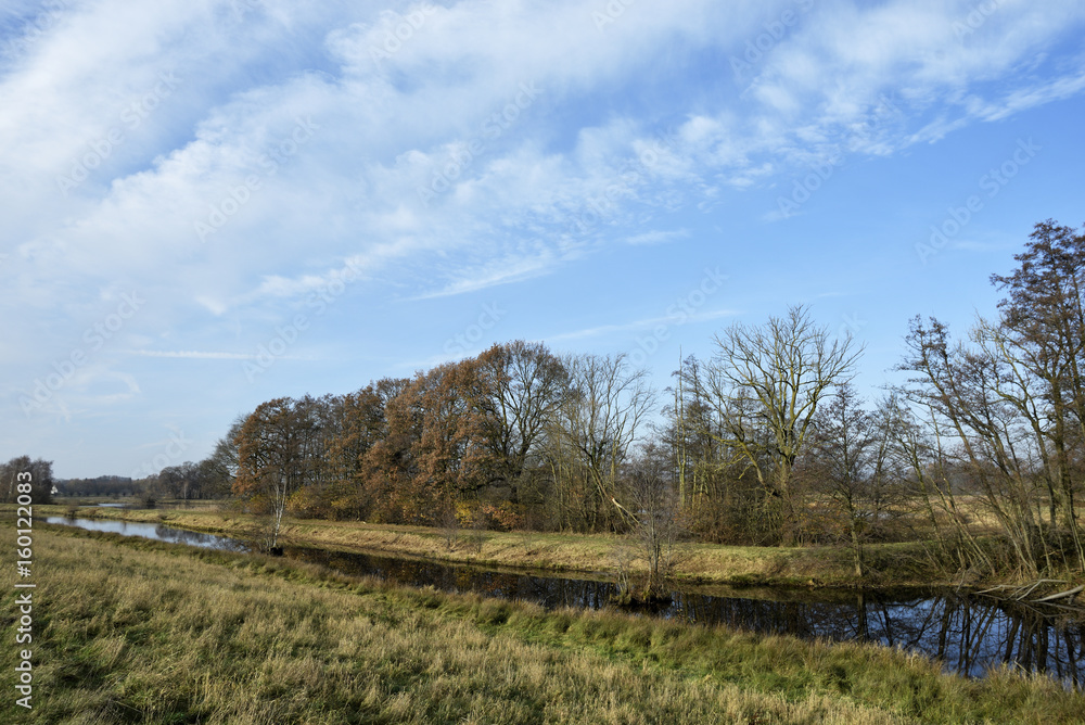 Gruene Fluss-Landschaft, Naturschutzgebiet, Steinhorster Becken, Nature landscape with green fields and water