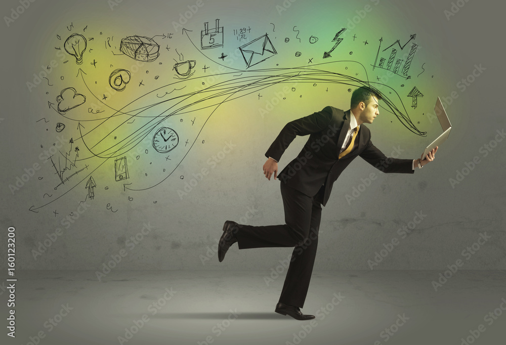 Fototapeta Business man in a rush with doodle media icons