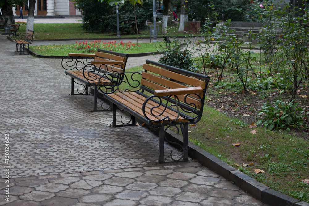 A walkway through a pleasant city park. Bench park with path way