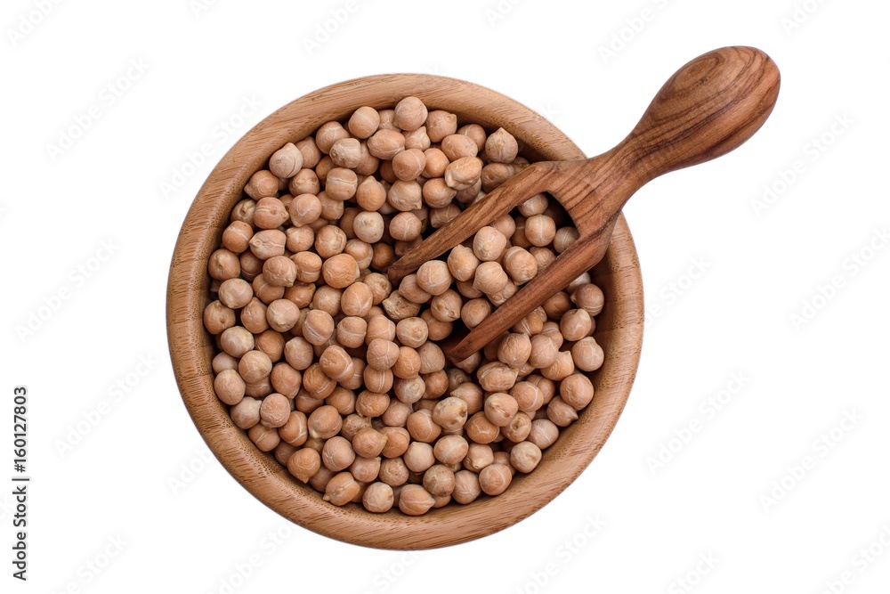 Chickpeas in a wooden plate and a wooden spoon on a white background Chickpeas in a wooden plate and a wooden spoon on a white background