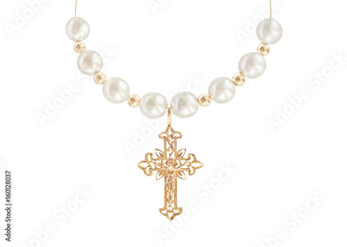 Jewelry accessory, gold cross with white pearls