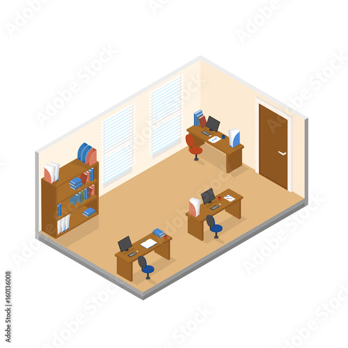 Vector isometric low poly office room with three workplace