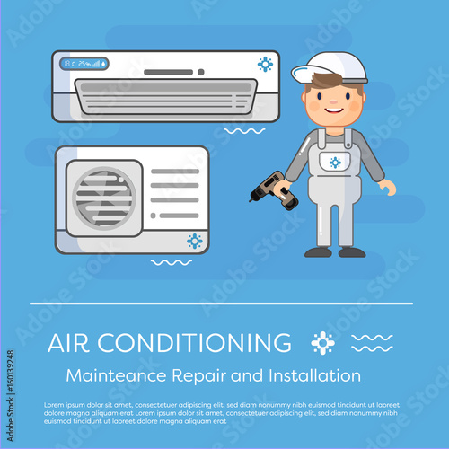 A vector flat picture specialists work with equipment. Installation or repair of air conditioner