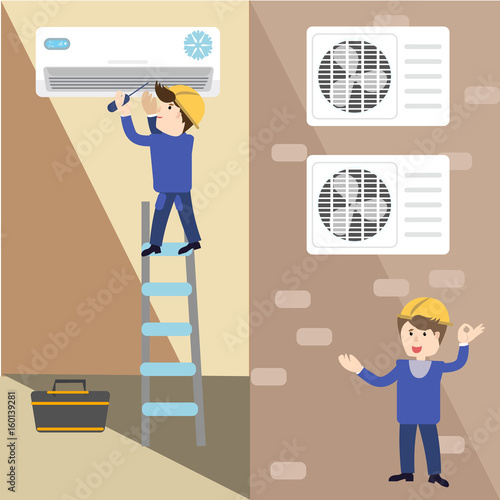 A vector flat picture specialists work with equipment. Installation or repair of air conditioner