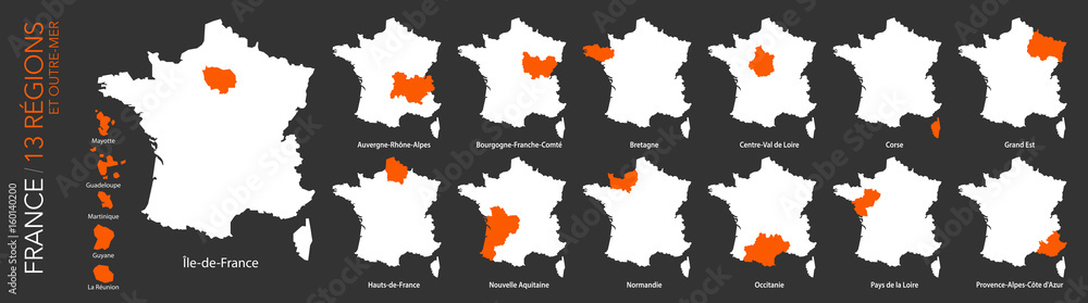 Carte de France / 13 régions et outre-mer - obrazy, fototapety, plakaty 