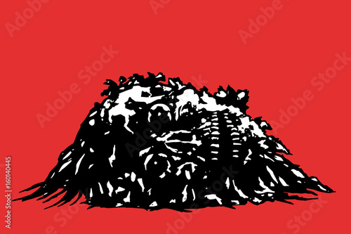 Horror skull lies in a pile of purulence. Vector illustration.