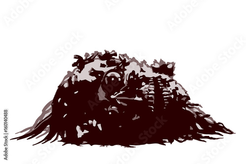 Demon skull lies in a pile of pus. Vector illustration.