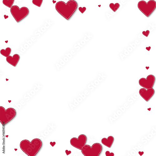 Red stitched paper hearts. Square scattered border on white background. Vector illustration.