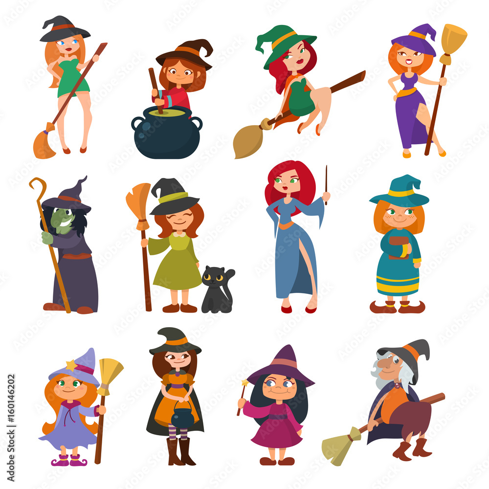 Cute little witch hag harridan vixen with broom cartoon magic Halloween young girls character costume hat vector illustration. Cute little witch hag harridan vixen with broom cartoon magic Halloween young girls character costume hat vector illustration.