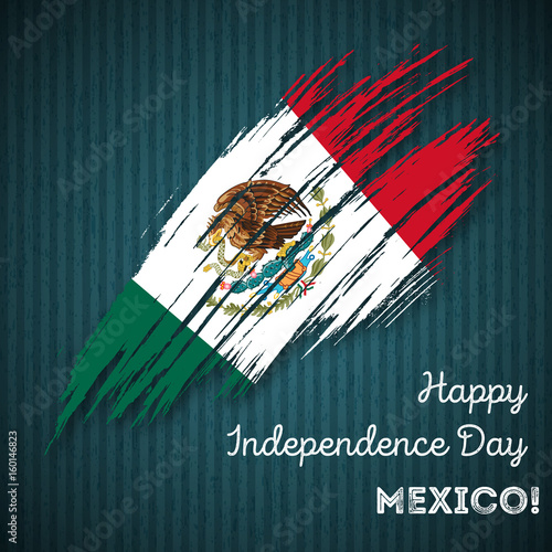 Mexico Independence Day Patriotic Design. Expressive Brush Stroke in National Flag Colors on dark striped background. Happy Independence Day Mexico Vector Greeting Card.