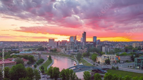 Vilnius, Lithuania - circa June, 2017: Sunset in downtown Vilnius, time-lapse photo