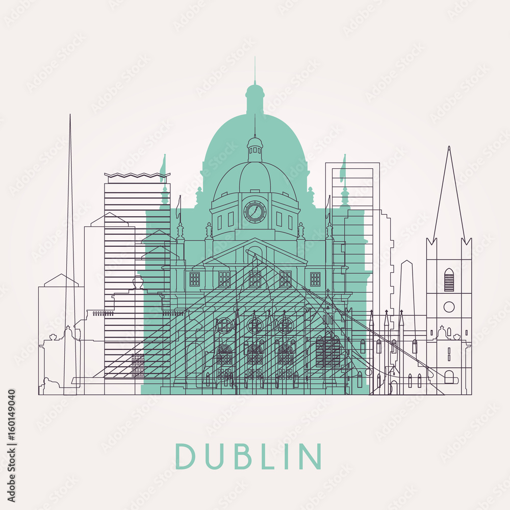 Fototapeta premium Nakreśl panoramę Dublina z punktami orientacyjnymi. Ilustracji wektorowych.