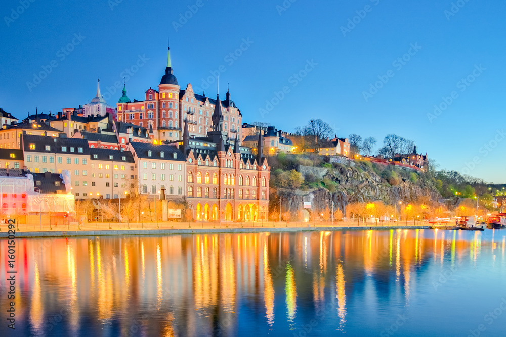 Cityscape of Stockholm city at night in Sweden