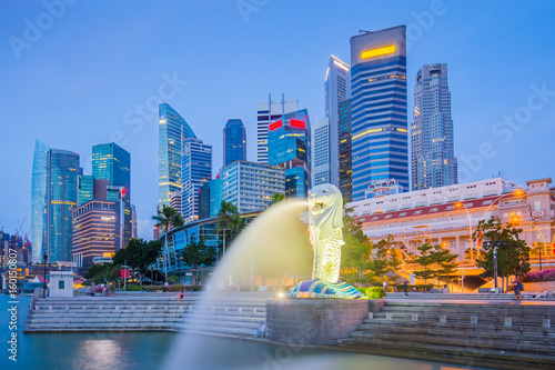The Merlion and buidlings in city center of Singapore