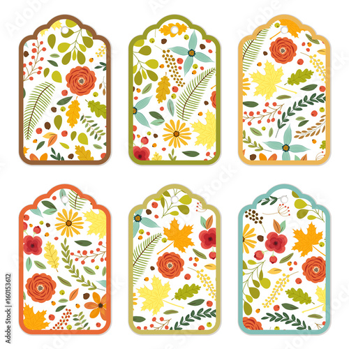 Cute autumn gift tags bundle with hand drawn rustic flowers and leaves ornament
