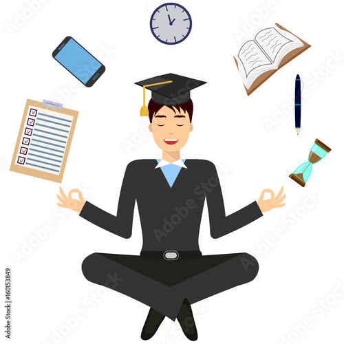 smiling male in graduation cup, yoga pose