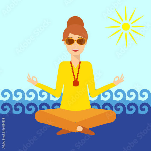 woman sits against sea in yoga lotus