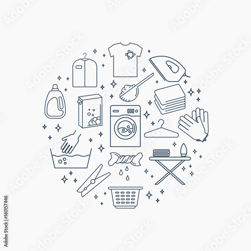 Collection of laundry icons. Set of housework outline icons. Round composition