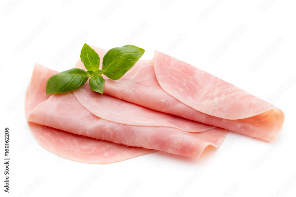 Thin slices of ham on white background. Thin slices of ham on white background.