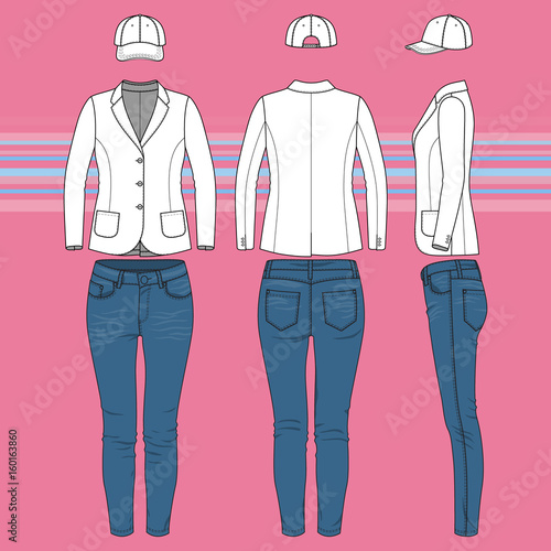 Womens clothing set. Blank template of classic blazer, jeans and cap in front, back and side views. Casual style. Vector illustration on the striped background for your fashion design.