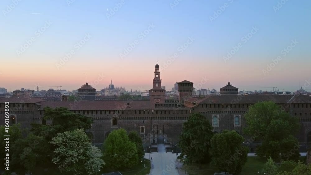 milan aerial view flying up from sforza castle revealing city skyline milan aerial view flying up from sforza castle revealing city skyline