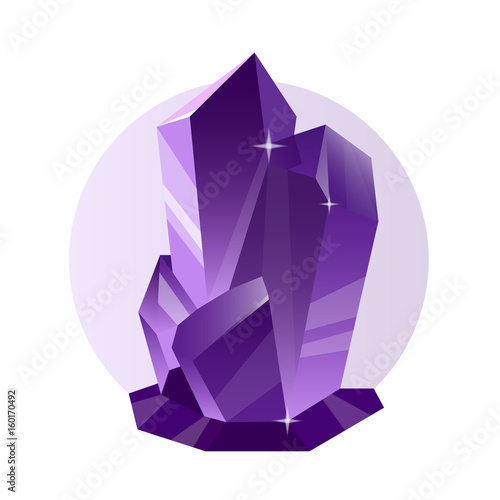 Violet ice crystal. Vector decorative crystal and mineral isolated on white. Bright shining jewel of lilac color