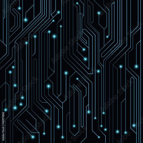 High-tech background of blue color from a computer board with LEDs and luminous neon connectors. Computer circuit. Vector illustration