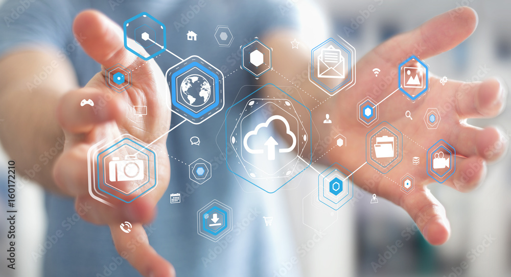 Businessman using digital cloud interface 3D rendering Businessman using digital cloud interface 3D rendering