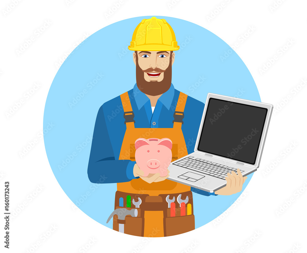 Worker with piggy bank and laptop notebook Worker with piggy bank and laptop notebook