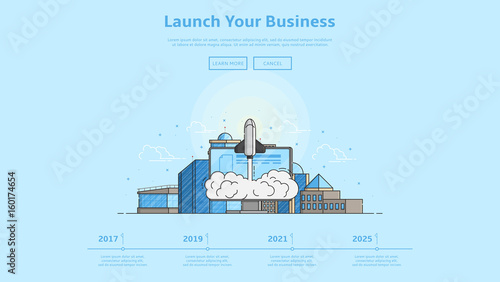 Concept of web banner with launch rocket from monitor. Color vector illustration in linear style with city landscape and computer. Background for business start up.
