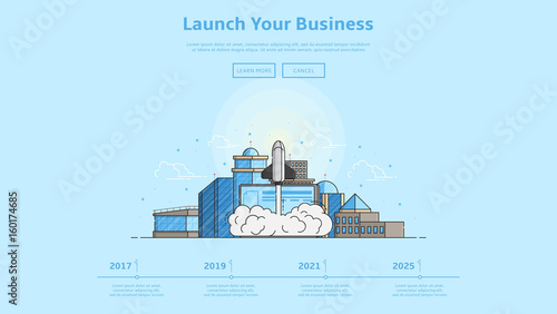 Web banner with launch rocket from planshet. Color vector illustration in linear style with city landscape. Background for business start up.