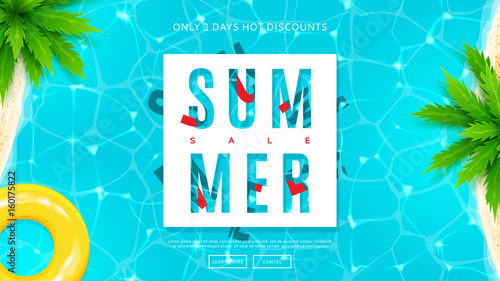 Web banner for summer sale with palm trees. Vector illustration with top view on sea and sea shore. Beautiful background with water texture.