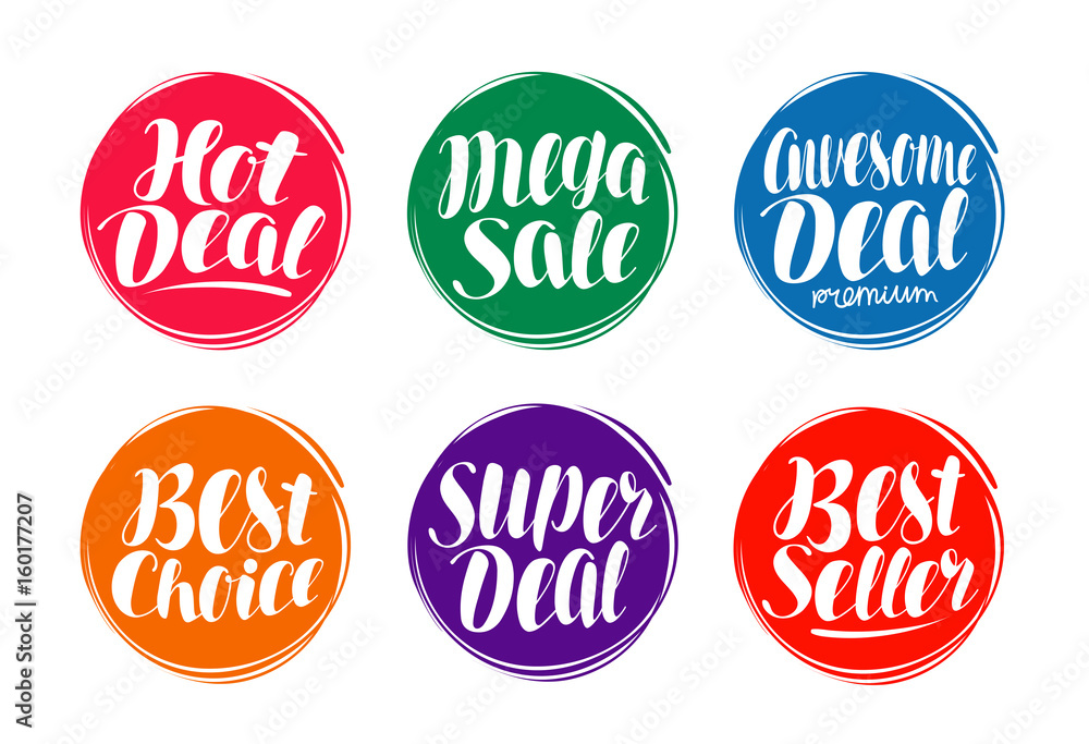 Sale label set. Hot deal, best choice, seller icon or symbol. Handwritten lettering, calligraphy vector illustration