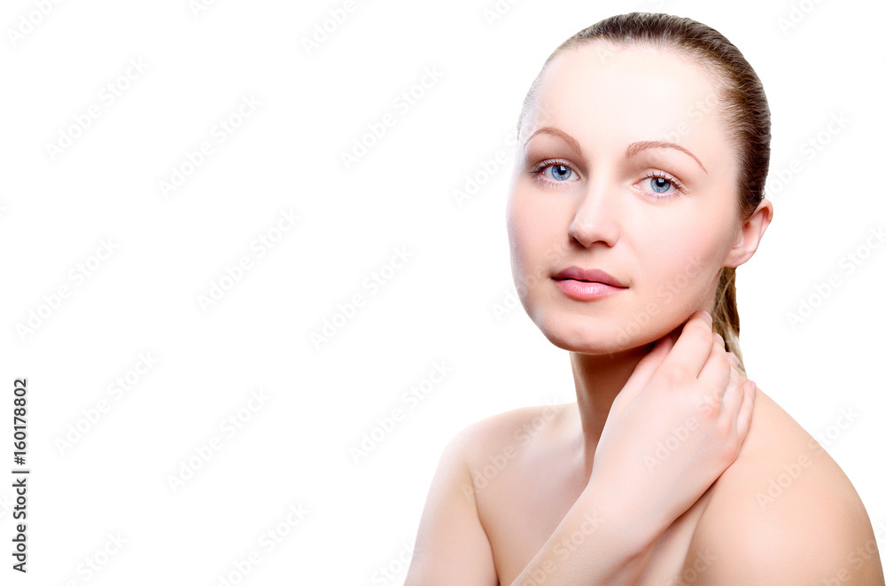 Portrait of girl with nude make-up with hand on neck isolated on white background, free space for text. Girl with clean healthy skin on white, copy space. Beauty model isolated on white Portrait of girl with nude make-up with hand on neck isolated on white background, free space for text. Girl with clean healthy skin on white, copy space. Beauty model isolated on white