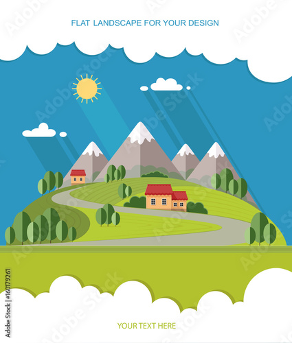 Beautiful rural landscape with houses and mountain views. The village road to the garden, field. Spring Summer Autumn. Flat design style vector illustration.