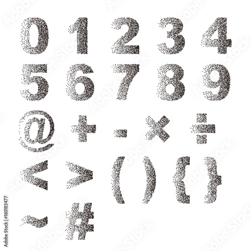 Black white stipple dots texture font typographic letters number and notation photo