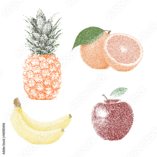 Tropical nature fresh colorful stippling fruit isolated vector pineapple orange banana apple
