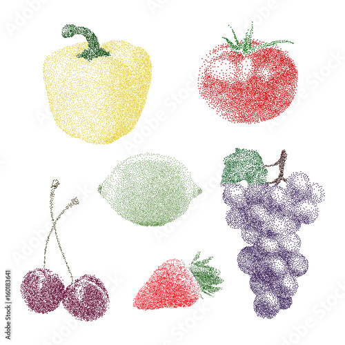 Nature fresh colorful stippling fruit isolated vector pepper tomato lemon cherry strawberry grape