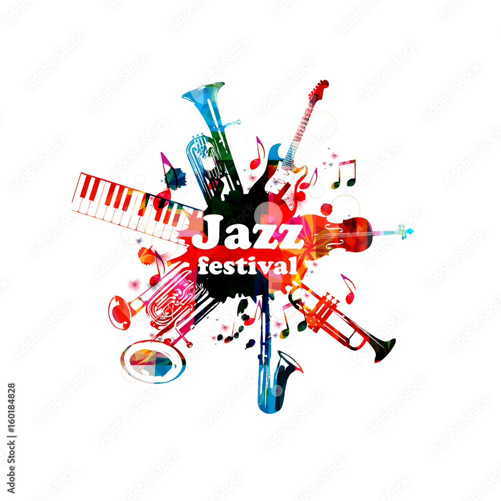 Fototapeta premium Music poster for jazz festival with music instruments. Colorful euphonium, piano keyboard, double bell euphonium, saxophone, trumpet, violoncello and guitar with music notes isolated vector design