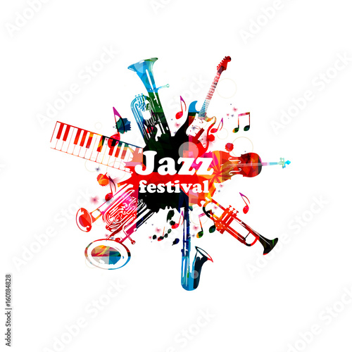 Music poster for jazz festival with music instruments. Colorful euphonium, piano keyboard, double bell euphonium, saxophone, trumpet, violoncello and guitar with music notes isolated vector design