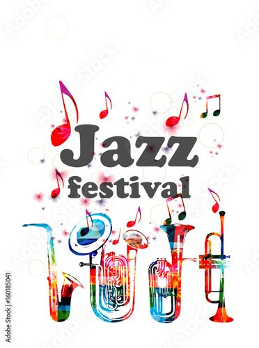 Music poster for jazz festival with music instruments. Colorful euphonium, double bell euphonium, saxophone and trumpet with music notes isolated vector illustration design