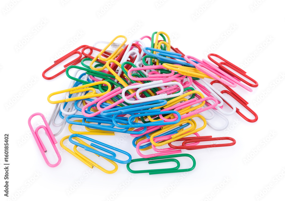 Colored paper clips on white background Colored paper clips on white background