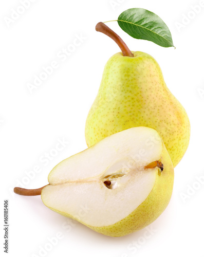 Whole yellow pear fruit with green leaf and half pear isolated on white background