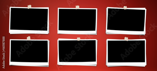 Set of photo frame with tape, on red backgrounds