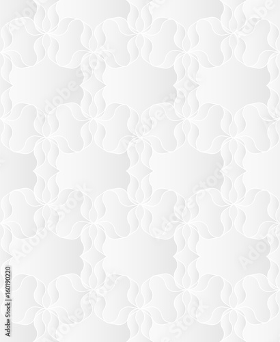 Neutral white texture. Abstract geometric background with 3d bas relief effect. Vector seamless repeating pattern of stylized floral elements.