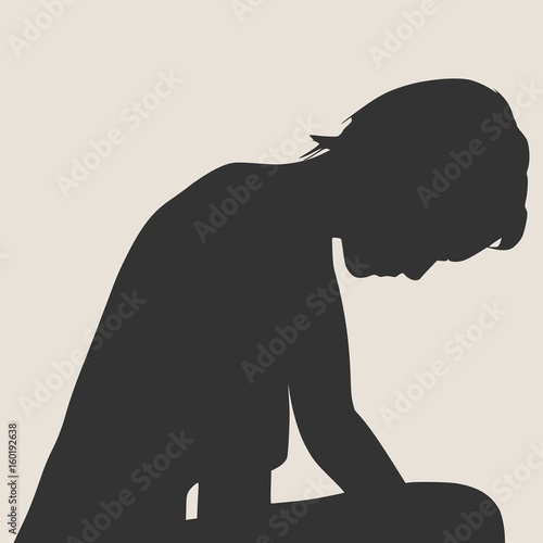 Vector illustration of a sitting woman isolated over a grey background. Sadness and grief emotions