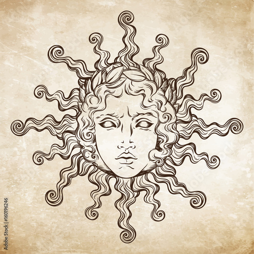 Hand drawn antique style sun with face of the greek and roman god Apollo. Flash tattoo or print design vector illustrarion